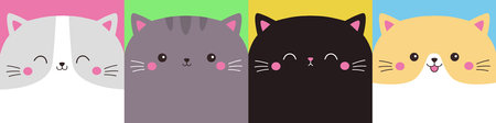 Cat icon set line. Black, white, gray, orange kitten. Cute cartoon character. Kawaii animal. Funny face head. Different emotion. Sad happy angry. Love card. Flat design. Colorful background. Vectorのイラスト素材
