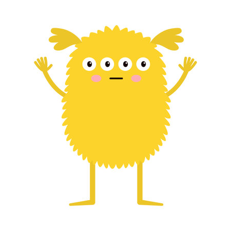 Cute monster standing. Happy Halloween. Yellow monsters silhouette icon. Four eyes, sad face, waving hands. Cartoon kawaii funny baby character. Childish style. Flat design. White background. Vectorのイラスト素材