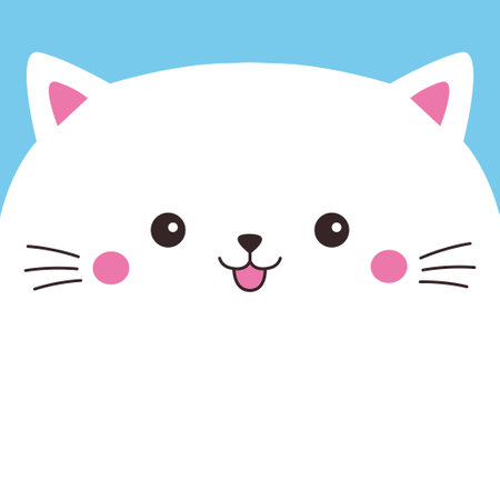 White kawaii cat smiling face head. Cute cartoon kitten animal silhouette. Happy Valentines Day. Funny baby kitty. Love card, banner, sticker print. Childish style. Flat design. Blue background Vectorのイラスト素材