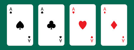 Four aces icon. Playing card set. Poker cards suits. Hearts, clubs, diamonds, spades ace. Winning poker hand. Las Vegas Casino gambling concept. Simple flat design. Green table background. Vectorのイラスト素材