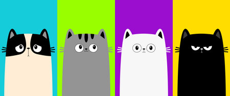 Black, white, gray, cat icon. Kitten set line. Funny face head. Cute cartoon character. Kawaii...