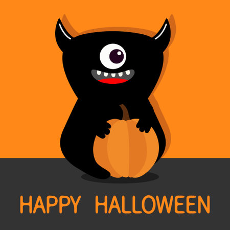 Happy Halloween. Black monster silhouette holding pumpkin. Cute cartoon scary funny character. Baby collection. One eye, fang tooth, tongue, hands. Flat design. Orange background. Isolated. Vectorのイラスト素材