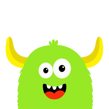 Monster scary smiling face head icon. Happy Halloween. Cute cartoon boo spooky kawaii funny baby character. Two eyes, fang tooth, yellow horns. Green silhouette. Flat design. White background Vectorのイラスト素材