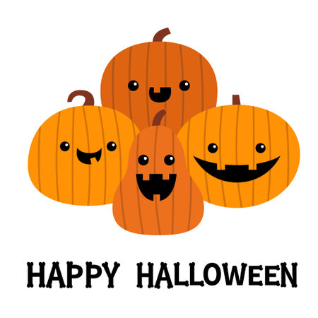 Pumpkin set. Different shape, emotion. Happy Halloween. Funny creepy smiling face with teeth. Cute cartoon kawaii funny baby character. Greeting card. Flat design. White background. Isolated. Vectorのイラスト素材