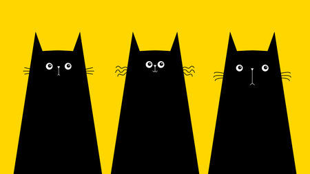 Cute cat kitten face head set. Black silhouette icon. Cartoon pet character. Funny kawaii animal. Hand drawn. Flat design. Tshirt, greeting card, sticker print, banner. Yellow background. Vectorのイラスト素材
