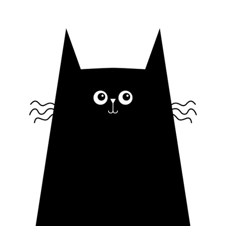 Cute cat kitten face head. Curly mustache. Cartoon pet character. Black silhouette icon. Funny kawaii animal. Flat design. Tshirt, greeting card, sticker print, banner. White background. Vectorのイラスト素材