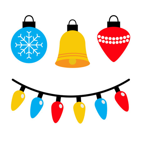 Christmas tree lights ball ring bell toy set. Different shape, color. Lightbulb glowing garland line. Colorful string fairy light. Cartoon xmas decoration. White background. Flat design. Vectorのイラスト素材
