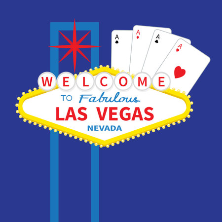Welcome to Las Vegas Nevada sign symbol icon. Playing card set. Four aces. Hearts Diamonds Clubs Spades ace. Poker cards suits. Casino gambling. Invitation banner. Flat design. Blue background. Vectorのイラスト素材