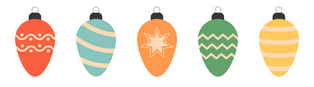 Christmas ball set. Christmas tree toy decoration. Different color, pattern. Cute colorful round bauble toy collection. Happy New Year sign symbol. Flat design. Isolated White background. Vectorのイラスト素材