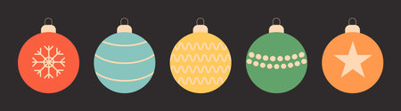 Christmas tree toy decoration. Christmas ball set. Round shape. Different color, pattern. Cute colorful bauble toy collection. Happy New Year sign symbol. Flat design. Black background Isolated Vectorのイラスト素材
