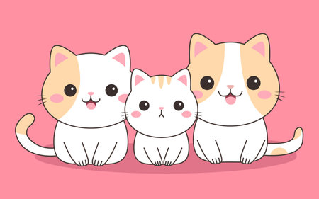 Cat family set. Three cute kitten. Funny face head. Contour line doodle. Orange, white, gray colors. Cartoon kawaii baby character. Sticker. Childish style. Flat design. Pink background. Vectorのイラスト素材