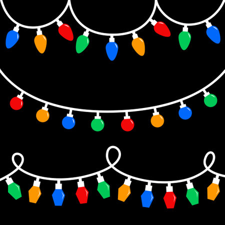 Glowing lightbulb garland. Christmas lights set. Colorful string fairy light. Cartoon holiday festive xmas decoration. Different shape. Rainbow color. Flat design. Isolated. Black background. Vectorのイラスト素材