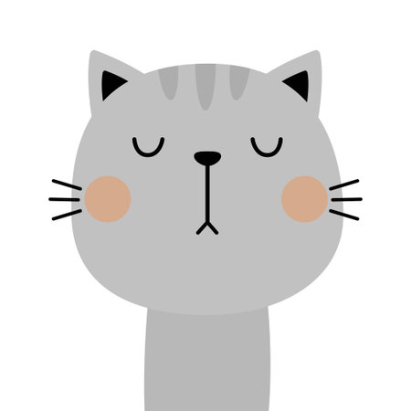 Gray cat kitten face. Funny head round icon. Pink cheeks. Cute kawaii cartoon character. Valentines Day. Childish style. Sticker print. Greeting card template. White background. Flat design. Vectorのイラスト素材