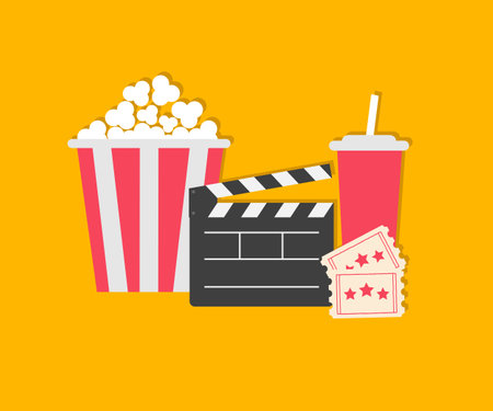 Popcorn box package. Soda drink glass. Open clapper board. Ticket Admit one. Three star. Movie Cinema icon sign symbol set. Banner Invitation template. Isolated. Yellow background. Flat design. Vectorのイラスト素材