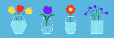 Flower in vase set line. Transparent glass vases with blue water. Different flowers. Daisy, tulip, gerbera, blue bell flower. Cute colorful icon. Ceramic decoration. Blue background Flat design Vectorのイラスト素材