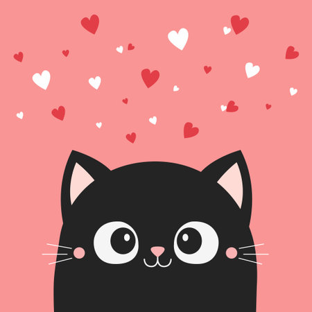 Black peeking cat face head. Funny kitten. Red white hearts. Happy Valentines Day. Cute cartoon kitty character. Kawaii animal in love. Greeting card. Childish style Flat design Pink background Vectorのイラスト素材