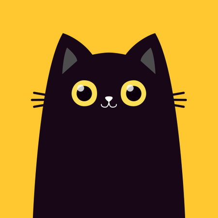 Cat face. Kitten with yellow eyes. Cute cartoon pet baby character. Black silhouette icon. Funny kawaii animal. Sticker print. Greeting card. Childish style. Flat design. Yellow background. Vectorのイラスト素材