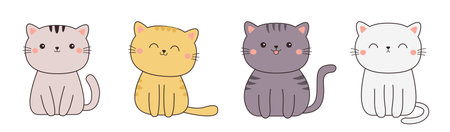Cat set line. Kitten sitting. Different color. Funny kawaii animal. Cute face. Cartoon pet baby character. Black contour icon. Childish style. Flat design. White background. Vector illustrationのイラスト素材