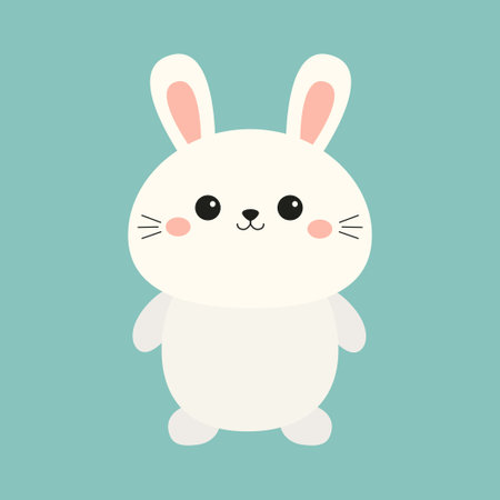 Cute white bunny rabbit hare silhouette icon. Funny smiling face head. Pink cheeks. Kawaii cartoon baby character. Happy Easter. Valentines Day. Greeting card. Green background. Flat design. Vectorのイラスト素材