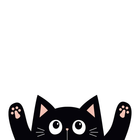 Peeking black cat silhouette holding hands up. Pink paw print. Cute cartoon kawaii funny boo spooky character. Pet baby collection. Happy Halloween. Flat design. White background. Isolated. Vectorのイラスト素材