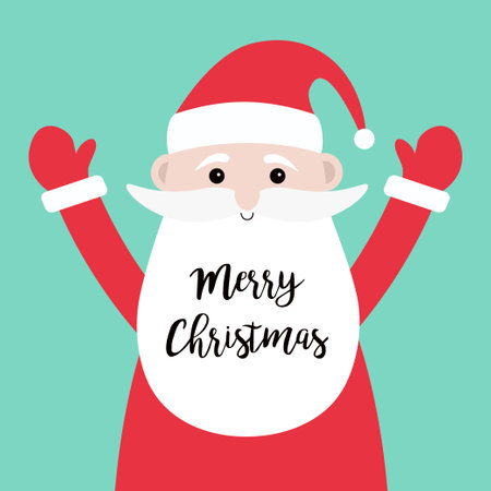 Merry Christmas. Santa Claus holding hands up. Red hat, costume, round beard. Cute cartoon kawaii funny character. New Year. Childish style. Greeting card. Isolated. Green background. Vectorのイラスト素材
