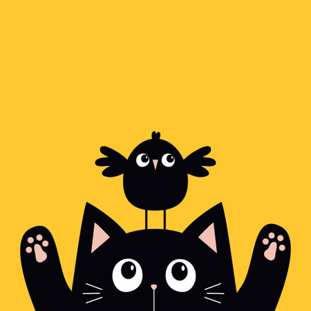 Black kitten cat head face looking at funny bird sitting on head. Pink paw print. Kawaii baby pet animal. Cute cartoon character. Greeting card, sticker print. Flat design. Yellow background. Vectorのイラスト素材