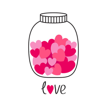 Glass jar Love bottle with pink red hearts inside. Happy Valentines Day. Greeting card, postcard, poster, sticker print template. Contour line doodle. Flat design. White background. Isolated. Vectorのイラスト素材