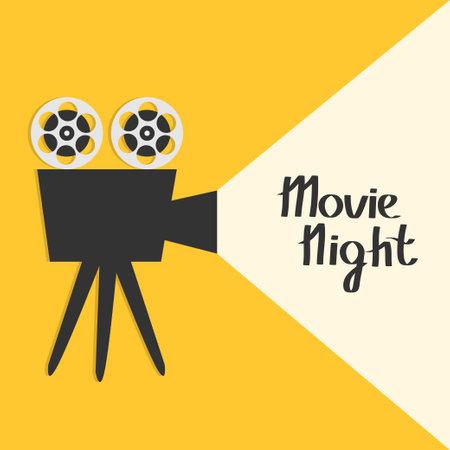 Movie night. Retro Cinema projector with light. Vintage film camera reel. , Poster, invitation, flyer template. Simple flat design. Yellow background. Isolated. Vector illustrationのイラスト素材