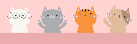 Draw Cat set line banner. Kitten with hands Paw print. Funny Kawaii pet animal. Cute cartoon doodle baby character. Gray, orange silhouette. Childish style. Flat design. Pink background. Vectorのイラスト素材