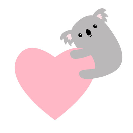 Koala bear hanging on pink heart. Cute cartoon funny baby character. Kawaii animal. Sticker, t-shirt print template. Love Valentines Day greeting card. Flat design. White background. Isolated. Vectorのイラスト素材