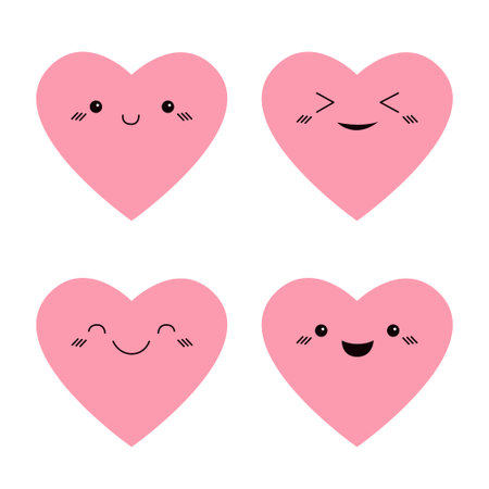 Pink heart emoji icon set. Happy Valentines Day. Hearts with eyes. Cute kawaii cartoon funny character. Smiling happy face head. Love sign symbol. Greeting card. Flat design. White background. Vectorのイラスト素材