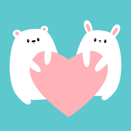 White bunny rabbit Bear holding big pink heart. Happy Valentines Day. Kawaii head face. Cute cartoon funny animal character. Love card. Childish style. Flat design. Isolated. Blue background. Vectorのイラスト素材