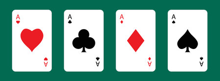 Four aces icon set. Playing card. Poker cards suits. Hearts, clubs, diamonds, spades ace. Big symbol. Winning poker hand. Las Vegas Casino gambling concept. Flat design. Green table background. Vectorのイラスト素材