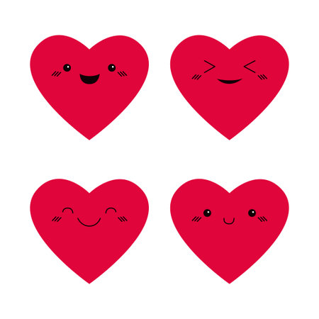 Happy Valentines Day. Red heart emoji icon set. Hearts with eyes. Smiling happy face head. Cute kawaii cartoon funny character. Love sign symbol. Greeting card. Flat design. White background. Vectorのイラスト素材