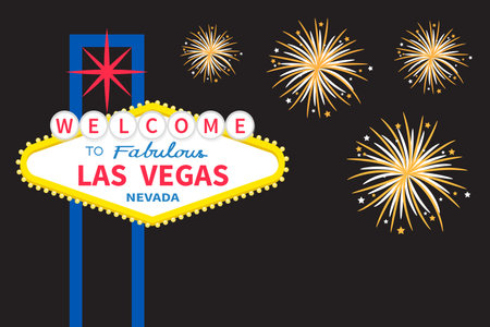 Welcome to fabulous Las Vegas sign icon at night. Classic retro symbol. Fireworks in the sky. Nevada sight showplace. Template for greeting card, banner, poster. Flat design. Black background. Vectorのイラスト素材