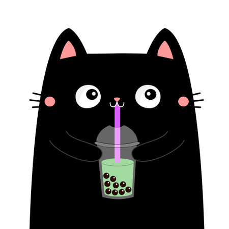 Cat holding matcha bubble milk tea glass with straw. Cute cartoon kawaii character. Kitty drinking. Cinema theater. Kitten watching movie. Film show. Flat design Childish style White background Vectorのイラスト素材