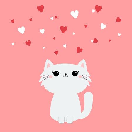 Cute cat sitting. Kawaii face head. White fluffy kitten. White red hearts. Happy Valentines Day. Cartoon funny kitty character. Animal in love. Greeting card. Flat design. Pink background. Vectorのイラスト素材