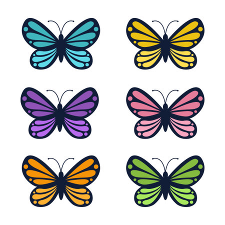 Butterfly icon set. Flying insect silhouette. Colorful and black beautiful pattern wings. Cute cartoon kawaii funny character. Childish style. Flat design. White background. Isolated. Vectorのイラスト素材