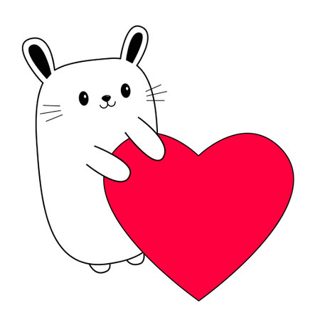 Happy Valentines Day. White baby rabbit hare head face holding red heart. Cute cartoon kawaii funny character. Line hand drawn doodle contour animal. Love card. Flat design. White background. Vectorのイラスト素材
