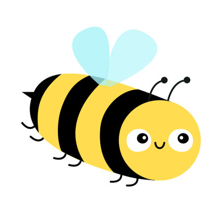 Flying bee bumblebee honeybee. Cute cartoon kawaii funny character. Yellow black insect icon. Happy Valentines Day. Card Sticker print. Childish style. Flat design. White background. Isolated. Vectorのイラスト素材