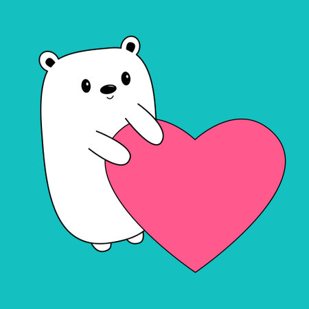 White bear holding pink heart. Happy Valentines Day. Kawaii face. Cute cartoon funny character. Line hand drawn doodle contour animal. Love card. Childish style. Flat design. Blue background. Vectorのイラスト素材