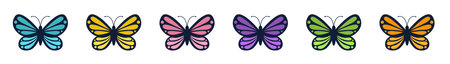 Butterfly icon set line. Flying insect silhouette. Colorful and black beautiful pattern wings. Cute cartoon kawaii funny character. Childish style. Flat design. Isolated. White background. Vectorのイラスト素材