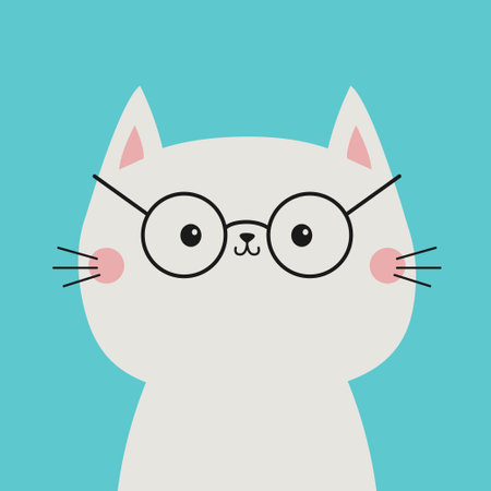 White cat wearing sunglasses eyeglasses. Cute cartoon kawaii funny baby character. Kitten in eyeglasses. Fashion animal. Childish style. Blue background. Isolated. Flat design Vector illustrationのイラスト素材