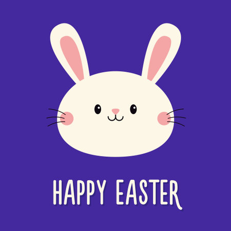 Happy Easter. Cute white bunny rabbit hare silhouette icon. Smiling face head. Pink cheeks. Kawaii cartoon funny baby character. Valentines Day. Greeting card. Blue background. Flat design. Vectorのイラスト素材