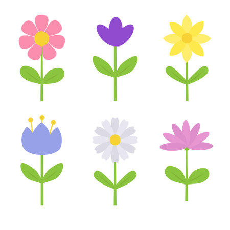 Spring flower set. Colorful flowers on a stem. Daisy chamomile, cornflower, sun flower, chrysanthemum. Fresh and blooming elements. Growing concept. Flat design. White background. Isolated. Vectorのイラスト素材