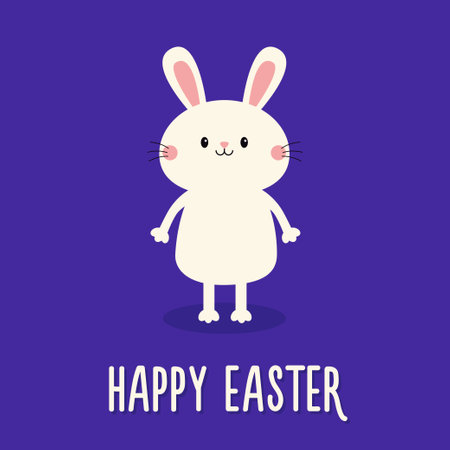 Happy Easter. Cute white bunny rabbit hare silhouette standing. Funny smiling face head. Pink cheeks. Kawaii cartoon baby character. Valentines Day. Greeting card. Blue background. Flat design. Vectorのイラスト素材