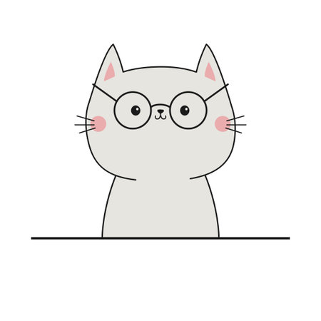 Cat Kitten in glasses. Face head line contour silhouette icon. Funny kawaii smiling doodle animal. Greeting Card Banner template. Cute cartoon baby pet character. Flat design. White background Vectorのイラスト素材
