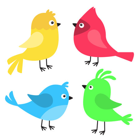 Cute bird icon set. Kawaii cartoon funny baby character. Different color birds collection. Colorful sticker decoration print. Childish style. Flat design. Isolated. White background. Vectorのイラスト素材