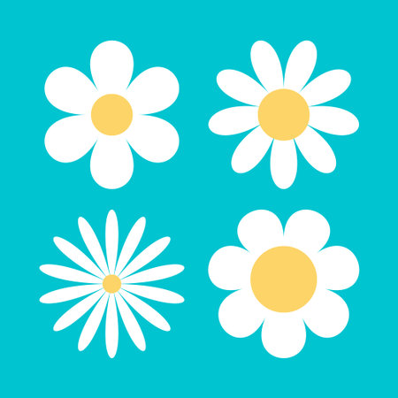 White daisy chamomile set. Camomile icon. Cute round flower head plant collection. Love card symbol. Growing concept. Simple flat design. Nature sign. Childish style. Isolated. Blue background. Vectorのイラスト素材