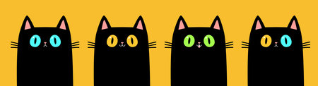 Cat face set line. Kittens with yellow, green, blue eyes. Cute cartoon funny pet character. Pink ears. nose Funny kawaii animal. Black silhouette icon. Flat design. Yellow background. Vectorのイラスト素材